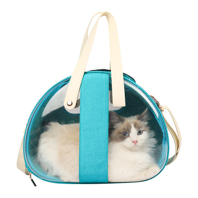 Ragdoll cat peeking from a dark grey pet carrier with transparent sides, ventilation holes, and rose gold zippers. - Image 7