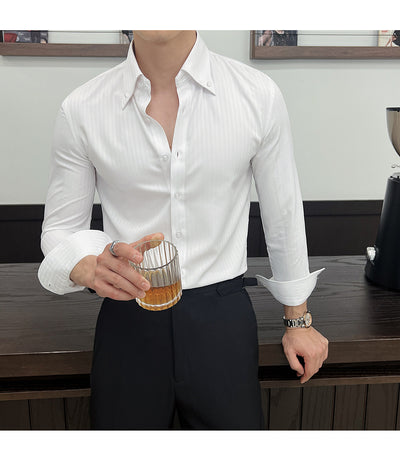 Camisa de Vestir Manga Larga a Rayas para Hombre con Cuello Italiano - Image 21