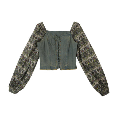 Camisa Denim Retro con Encaje y Cordones - Manga Larga Estilo Floral Francés - Image 7