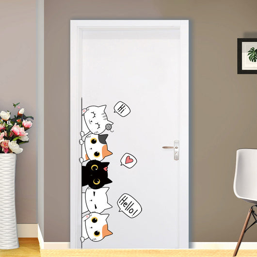 Cute cartoon cat wall sticker featuring five cats in white, black, and orange with speech bubbles. - Image 7