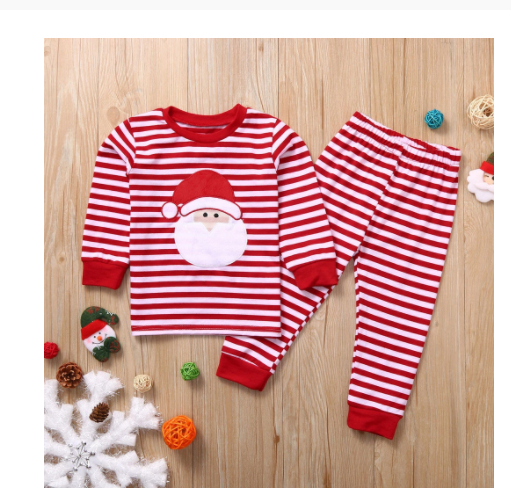 Red and white Christmas pajama set with a long-sleeve top featuring 'Merry Christmas' text and reindeer antlers, paired with striped pants. - Image 4
