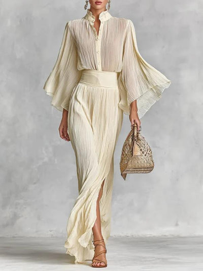Conjunto Dos Piezas: Blusa Plisada con Mangas Anchas y Falda Maxi - Image 8