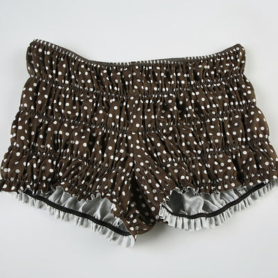 Dark brown polka dot halter bikini top with matching shirred high-waisted shorts for women. - Image 25