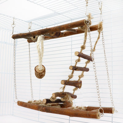 Wooden suspension bridge and ladder climbing toy for small pets, made of natural branches and jute rope, hanging in a cage. - Image 10