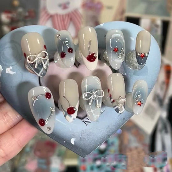 Uñas Postizas Degradado Azul Francés con Moño de Cereza