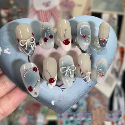Uñas Postizas Degradado Azul Francés con Moño de Cereza - Image 2