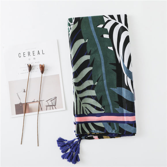 Pañuelo de Algodón y Lino con Estampado de Hojas - Protección Solar Dual
