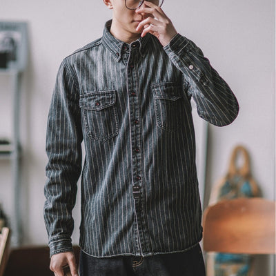 Camisa Denim Vintage a Rayas Verticales Manga Larga para Hombre