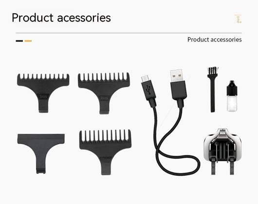 Black and silver electric hair clipper with digital display, guide combs, extra cutter head, cleaning brush, oil, and USB cable. - Image 5