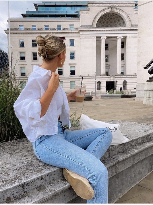 Blusa Blanca de Lino Mujer Manga Larga Estilo Relajado Verano - Image 2