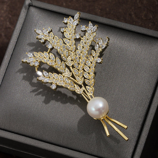 Broche de Diseño Exclusivo con Perla y Circón para Mujer