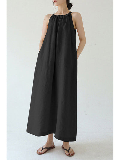 Vestido de Algodón y Lino con Hombros Descubiertos y Amarre Suelto
