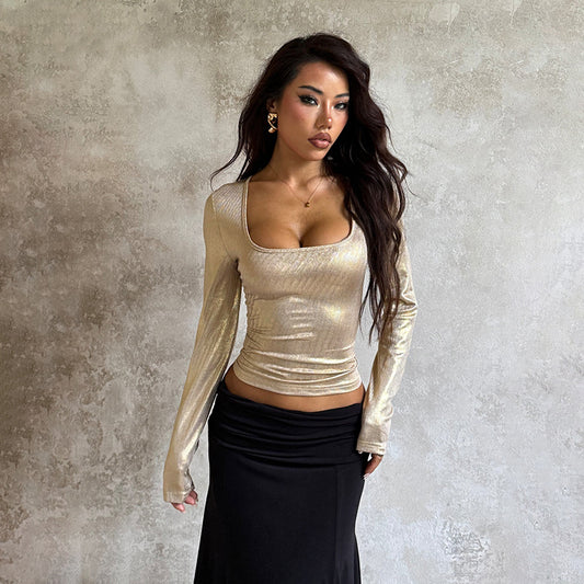 Blusa Larga Ajustada con Cuello Cuadrado y Efecto Bronceado para Mujer - Image 2