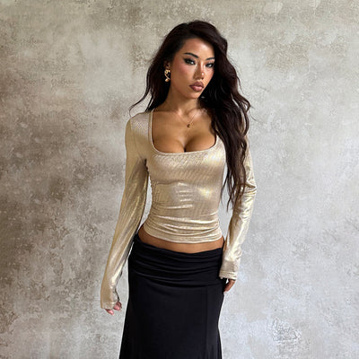 Blusa Larga Ajustada con Cuello Cuadrado y Efecto Bronceado para Mujer - Image 2