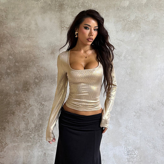 Blusa Larga Ajustada con Cuello Cuadrado y Efecto Bronceado para Mujer - Image 2