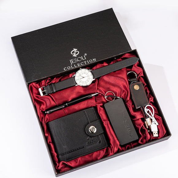 Set de Regalo Premium para Hombre: Cartera, Power Bank, Llavero y Reloj de Cuarzo