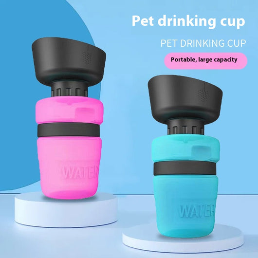 Pink and black foldable pet water bottle with integrated bowl, shown extended and collapsed, with a dog drinking.