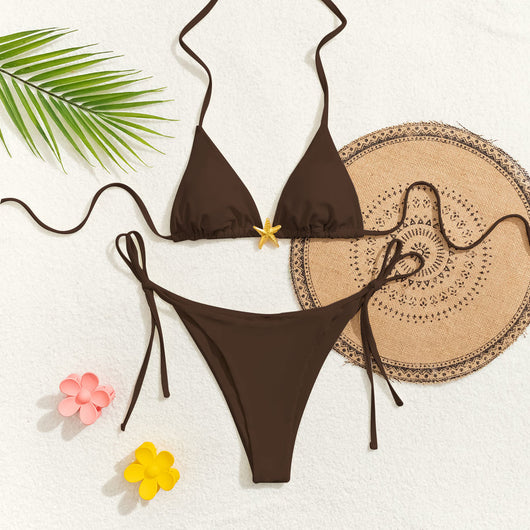 Red floral print triangle cup bikini set with matching bottom, featuring a small gold charm on the top. - Image 23
