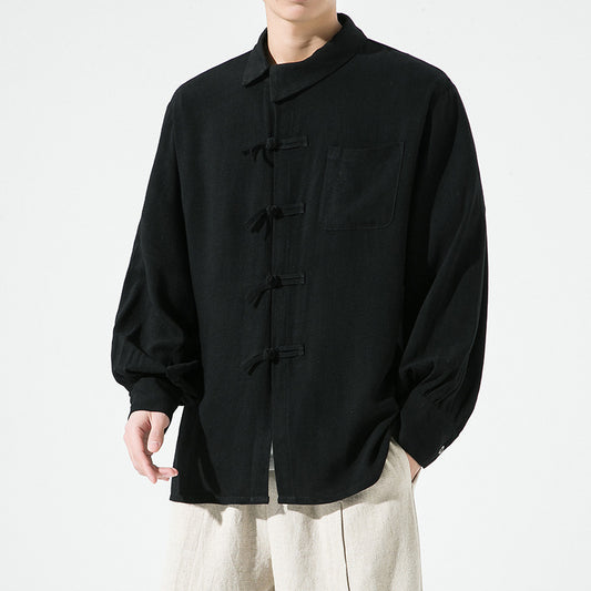Camisa de Algodón y Lino Estilo Chino con Botones de Nudo Chino - Image 2