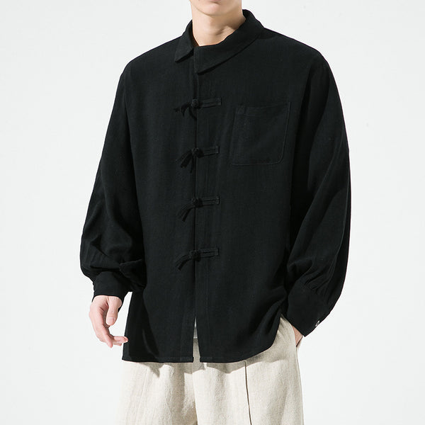 Camisa de Algodón y Lino Estilo Chino con Botones de Nudo Chino