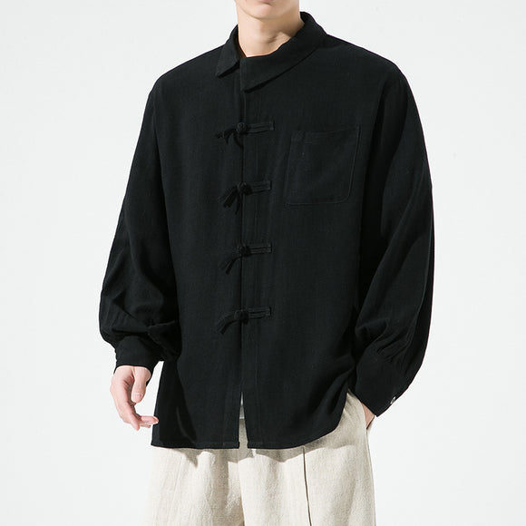 Camisa de Algodón y Lino Estilo Chino con Botones de Nudo Chino