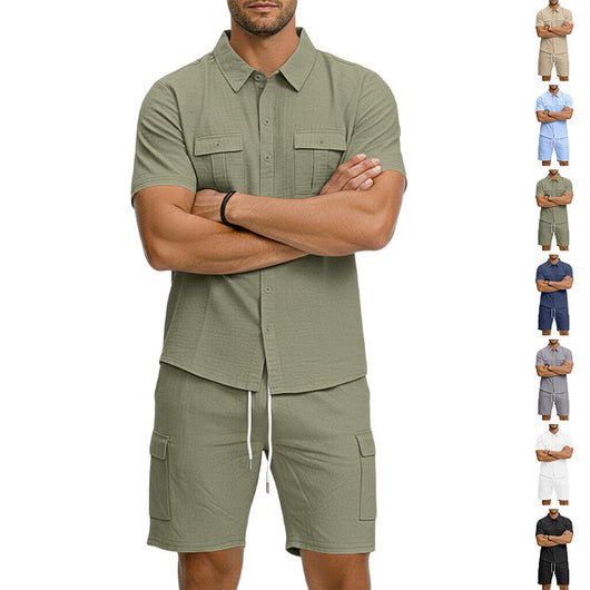 Conjunto Camisa Tipo Polo con Solapa y Shorts Multibolsillos