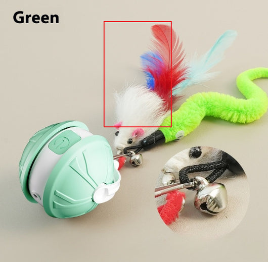 Green and white electric intelligent pet laser toy ball with power button, shown with mouse and worm attachments. - Image 8