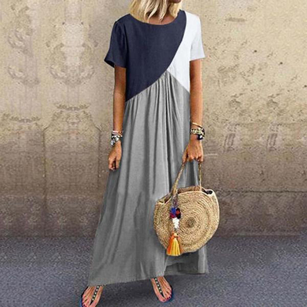 Vestido Largo Mujer Patchwork Geométrico Contraste Manga Corta