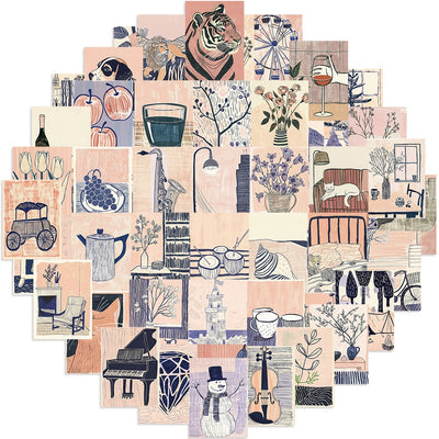 55 portable abstract art stickers in a cute cartoon style, featuring animals, objects, and scenes in pink, blue, and cream. - Image 11