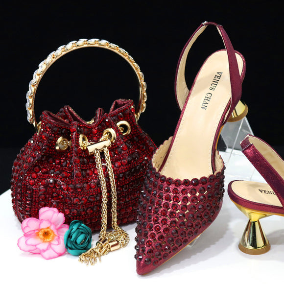 Bolso de Piedra Colorida con Zapatos de Tacón Medio y Punta Afilada para Mujer