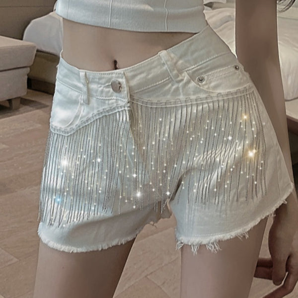 Shorts Talle Alto Denim Negro con Cadena y Flecos
