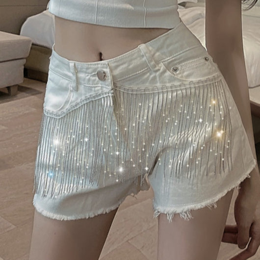 Shorts Talle Alto Denim Negro con Cadena y Flecos