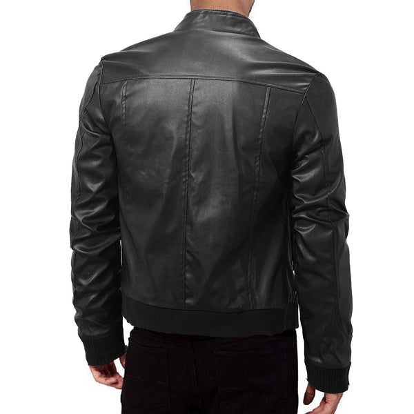 Chaqueta de Cuero para Hombre Slim Fit con Cuello de Pie y Cierre de Cremallera