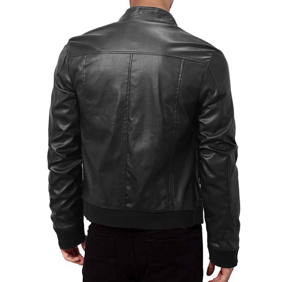 Chaqueta de Cuero para Hombre Slim Fit con Cuello de Pie y Cierre de Cremallera