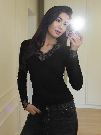 Blusa Elegante de Encaje con Escote en V y Mangas Largas para Otoño e Invierno - Image 7