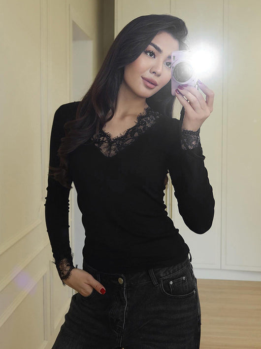 Blusa Elegante de Encaje con Escote en V y Mangas Largas para Otoño e Invierno - Image 7
