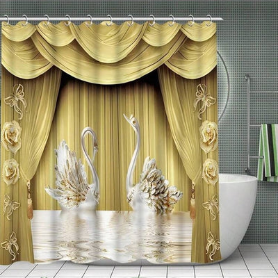Gold and white three-piece bathroom mat set with a swan and floral design, including a bath mat, contour mat, and toilet lid cover. - Image 8