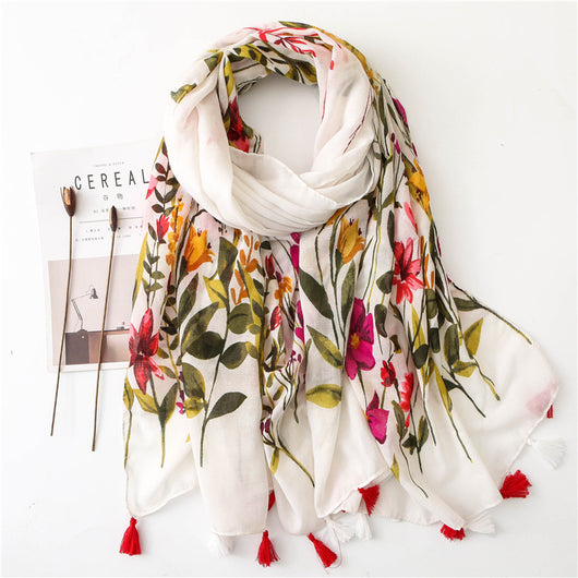 Pañuelo Vintage Étnico Floral de Algodón y Lino con Flecos - Image 4