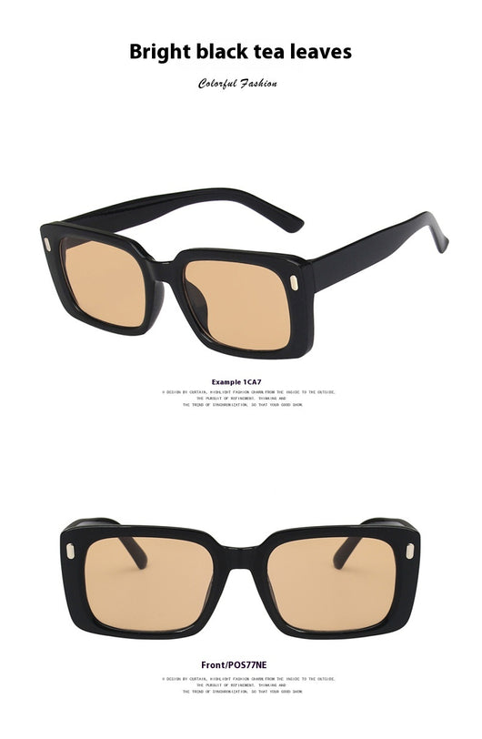 Women's retro hip hop fashion sunglasses with bright black frames, dark gray rectangular lenses, and gold accents. - Image 18