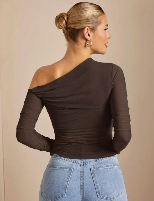Blusa Larga de Malla Plisada con Manga Larga y Correa al Hombro para Mujer - Image 11