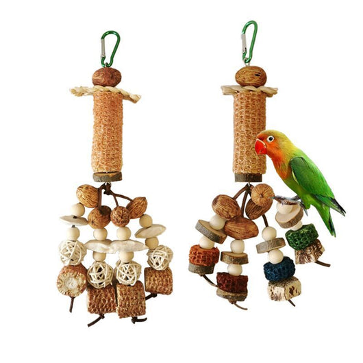 Hanging parrot chew toy made from natural wood slices, corncob, vine balls, and colorful textured blocks. - Image 3