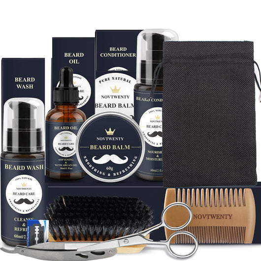 A comprehensive beard care kit with beard wash, essential oil, growth oil, beard oil, conditioner, balm, brush, comb, scissors, and razor. - Image 8