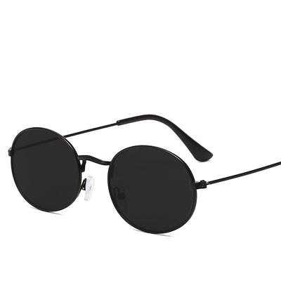 Retro round frame sunglasses with gold metal frames, black lenses, and black temple tips on a white background. - Image 15