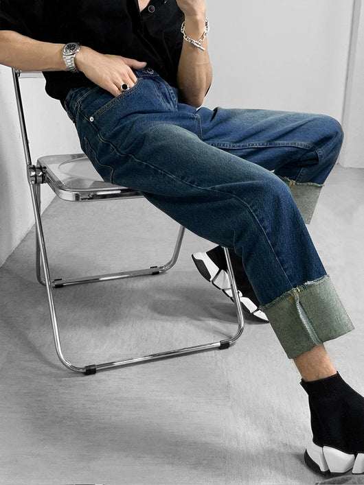 Pantalón Vaquero Azul Marino con Orilla Enrollada Bicolor - Image 5