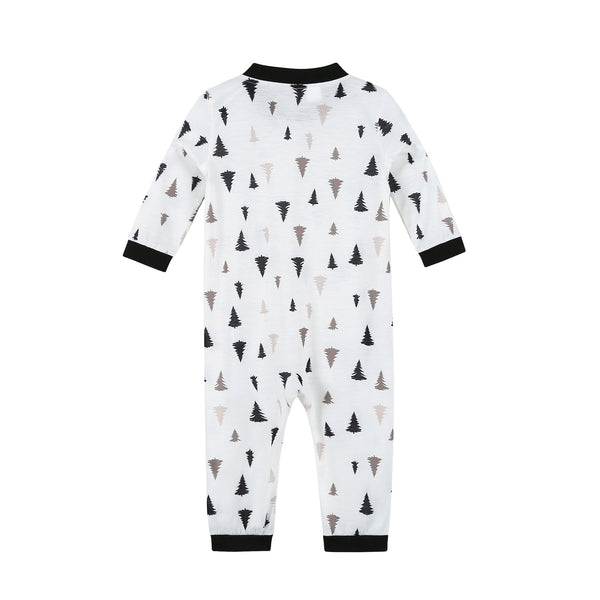 White long-sleeve pajama set with black and brown Christmas tree print, featuring black cuffs and collar. - Image 5