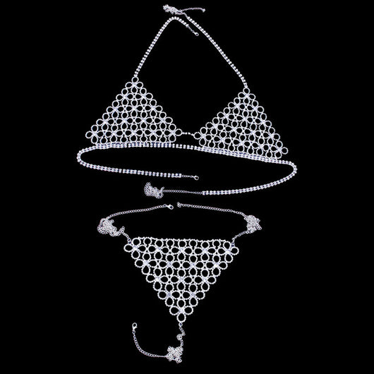 Conjunto de Bikini Brillante con Cadena de Cuerpo de Flores Caladas - Image 3