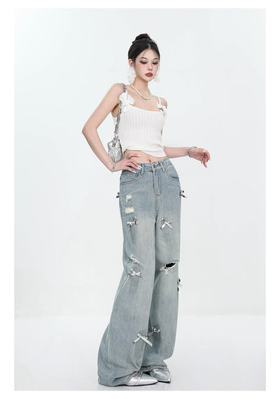 Jeans Rectos Retro con Lazada y Rotos para Mujer - Image 13