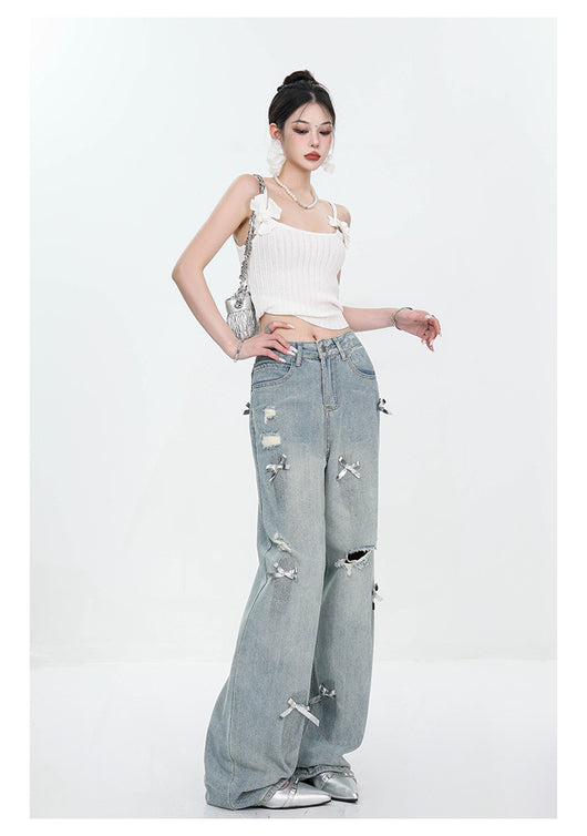 Jeans Rectos Retro con Lazada y Rotos para Mujer - Image 13