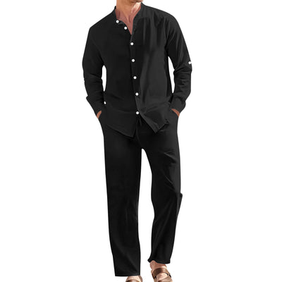 Conjunto de Camisa de Lino con Cuello Mao y Pantalón Holgado para Hombre - Image 4