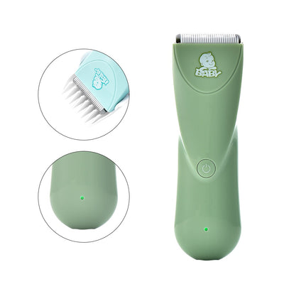 Green baby hair clipper set with three white guide combs, USB charging cable, cleaning brush, and oil bottle. - Image 2